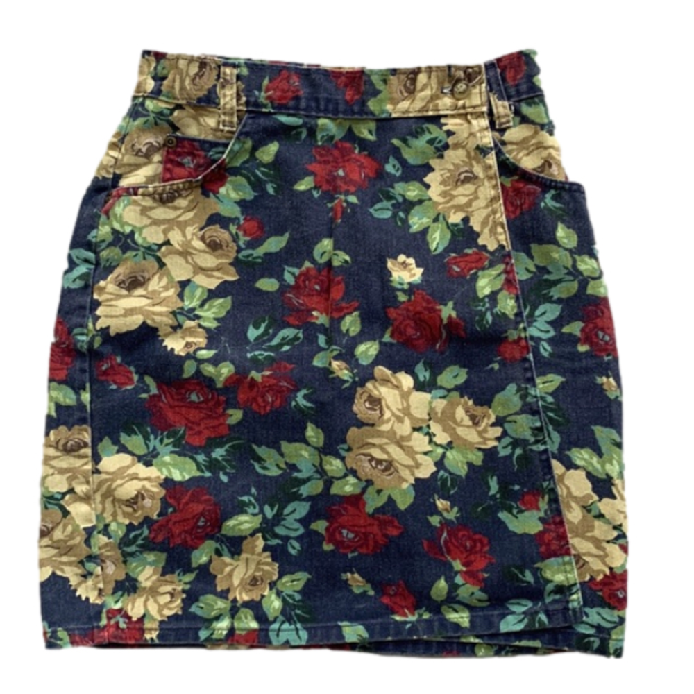 Vintage Jeans Wear Floral Rose Print Denim Wrap Mini Skirt Made in USA Sz 7/8